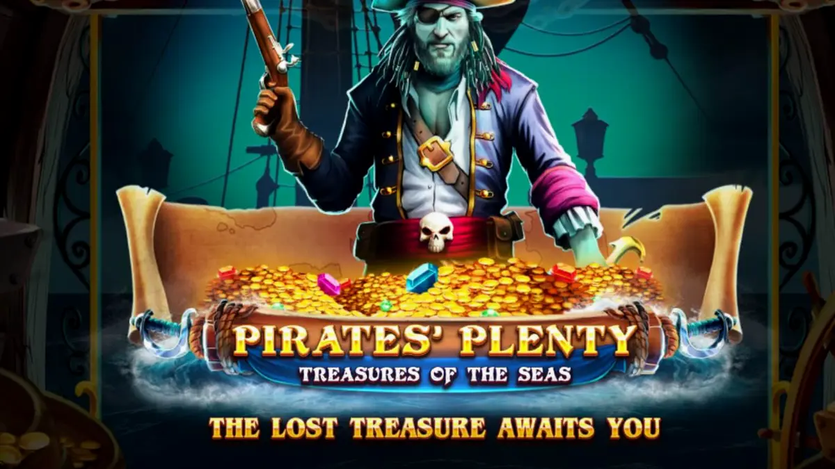 Navio pirata navegando em mares revoltos com o logo de Pirates’ Plenty: Treasures of the Seas