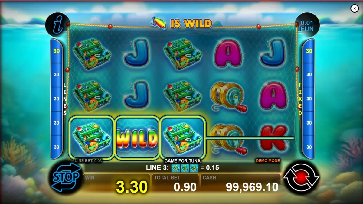 Interface do jogo de caça-níqueis Game For Tuna com tema de pesca