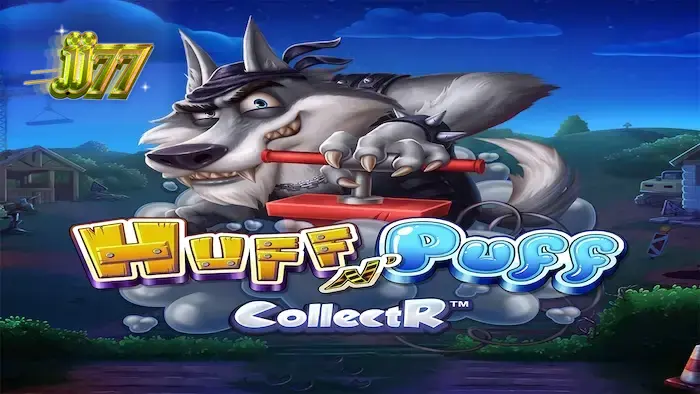 Interface colorida e temática do slot Huff N' Puff CollectR com porquinhos e lobo